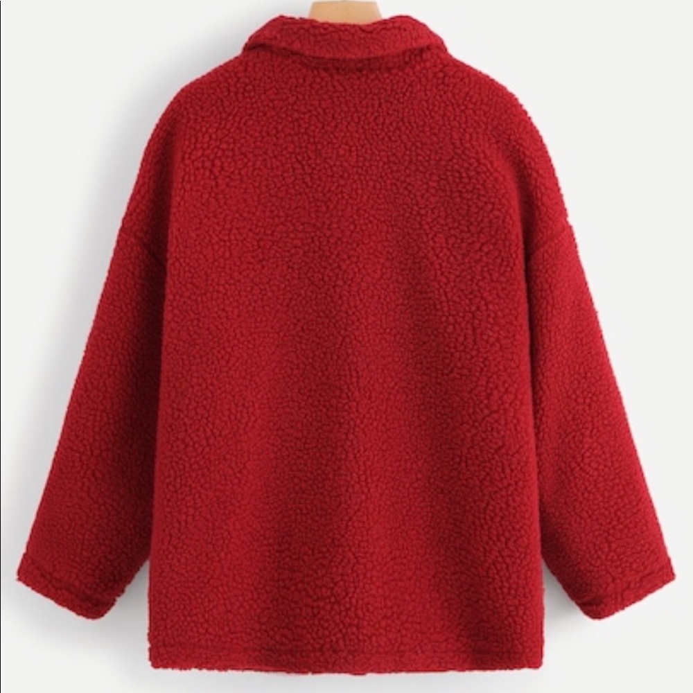 Front Pocket Sherpa Teddy Coat Jacket Red - Picture 4 of 7